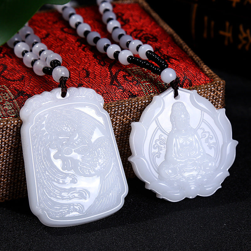 Ethnic Style Imitation Jade Pixiu Peace Buckle Long Sweater Chain, Versatile Clothing Pendant, Vintage Jade Necklace for Men & Women
